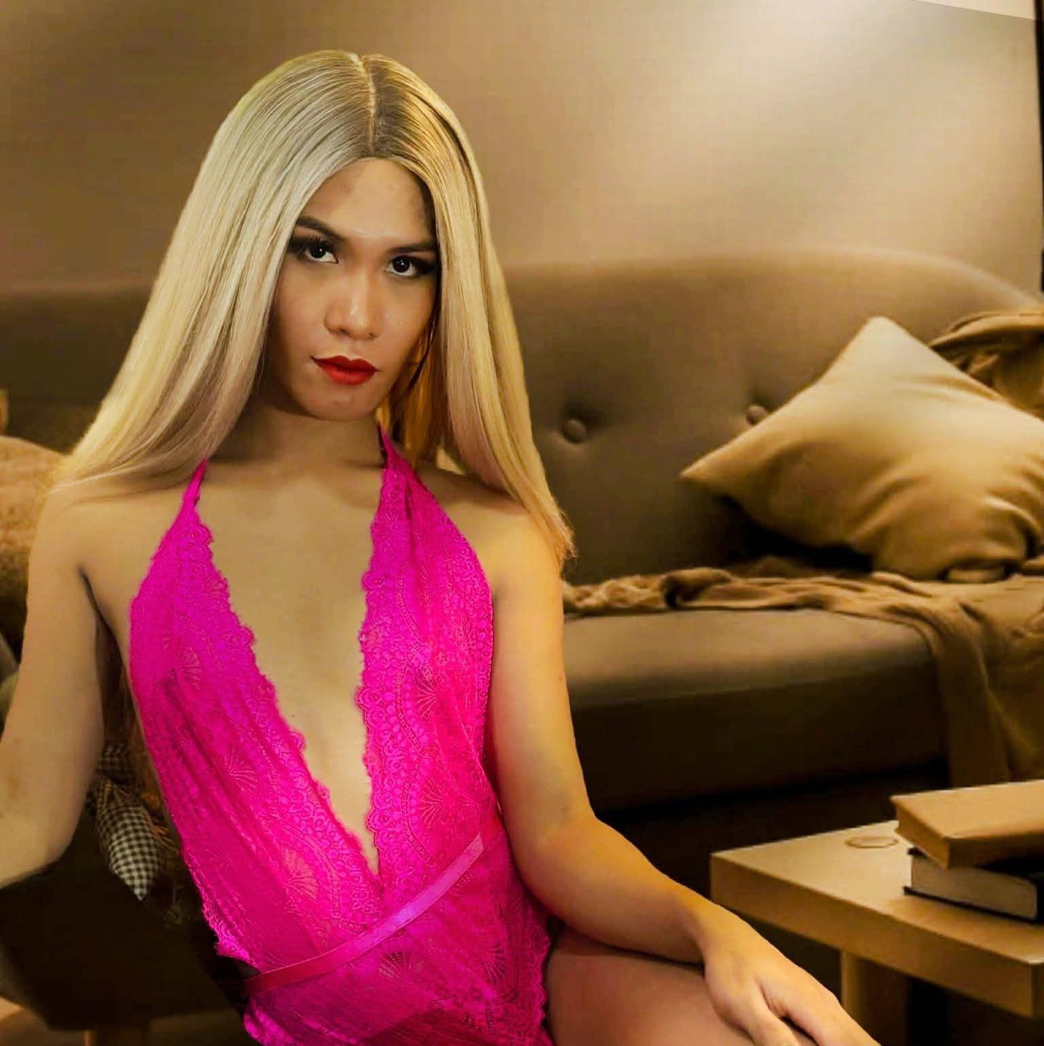 Anya in hot pink lace lingerie with blonde wig